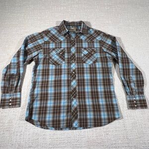 Wrangler Men's Casual Brown and Blue Checkered Shirt Pearl Button Down Size L